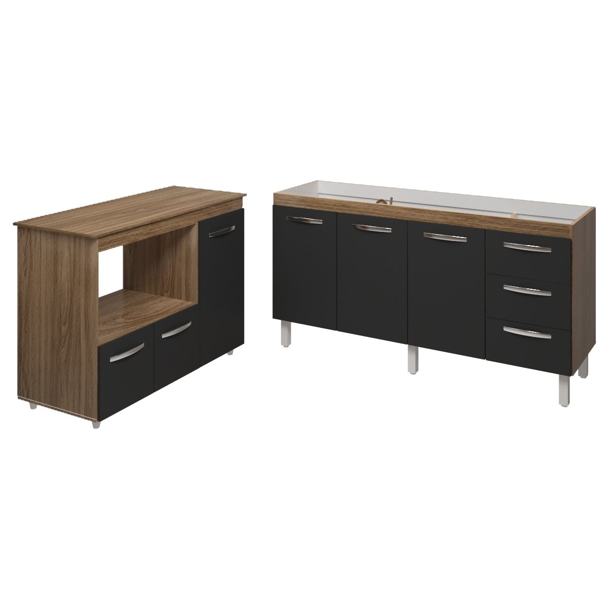 Balcão Cozinha Armário Gabinete de Pia 150 cm Deise e Balcão Lilian Para Microondas e Forno Elétrico Savana Preto 