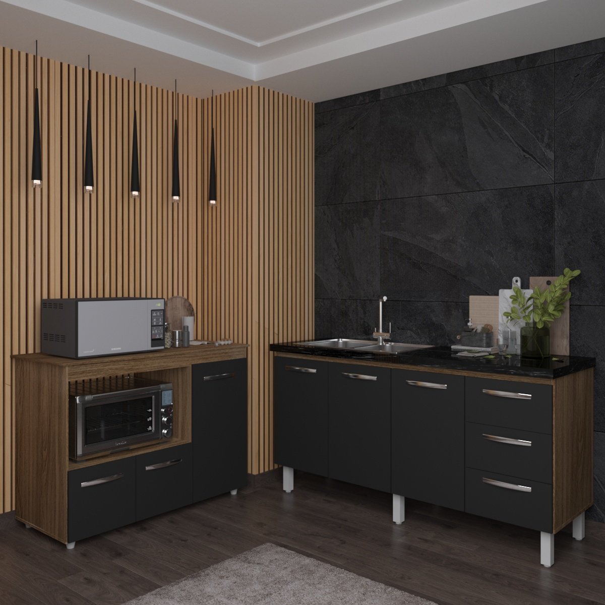 Balcão Cozinha Armário Gabinete de Pia 150 cm Deise e Balcão Lilian Para Microondas e Forno Elétrico Savana Preto 