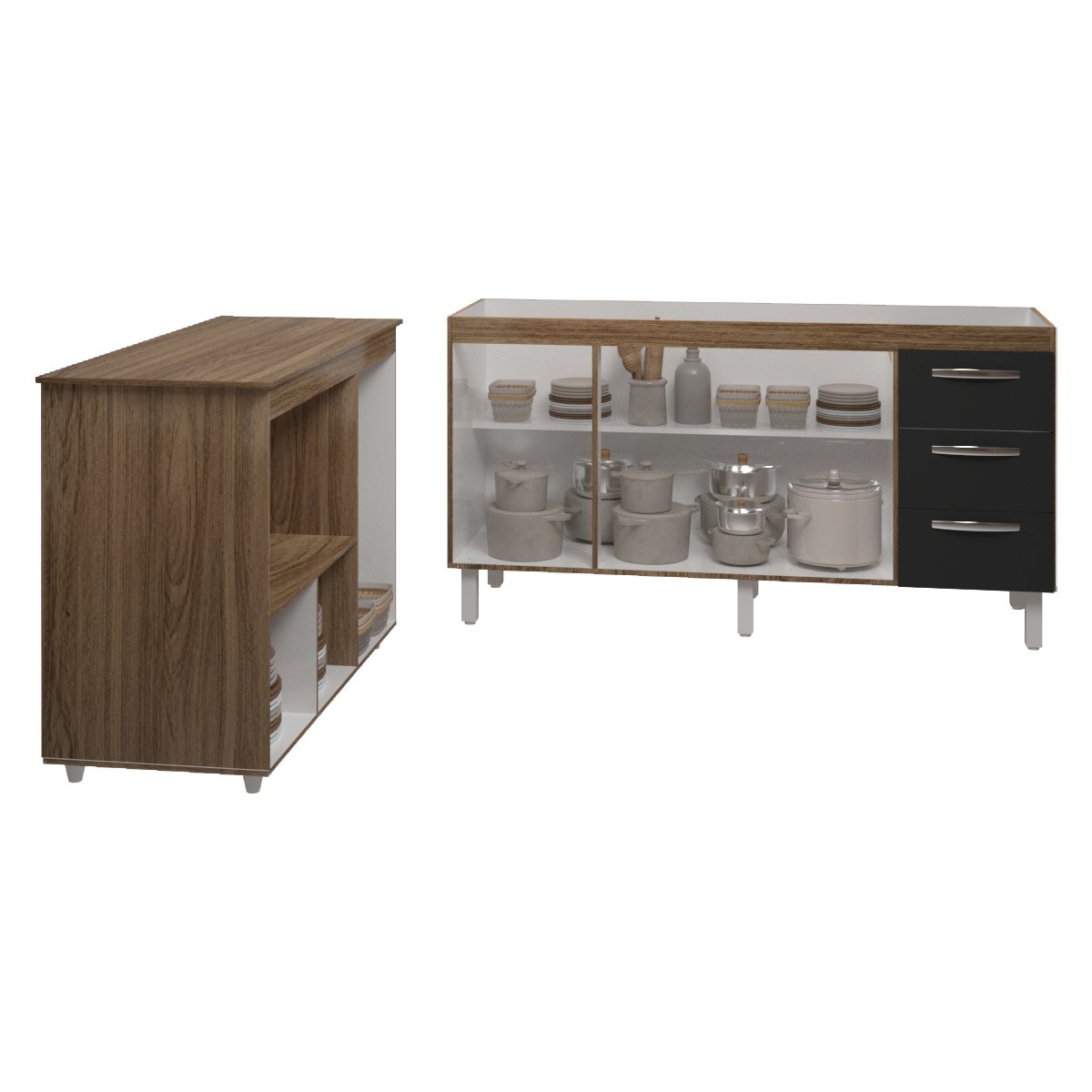 Balcão Cozinha Armário Gabinete de Pia 150 cm Deise e Balcão Lilian Para Microondas e Forno Elétrico Savana Preto 