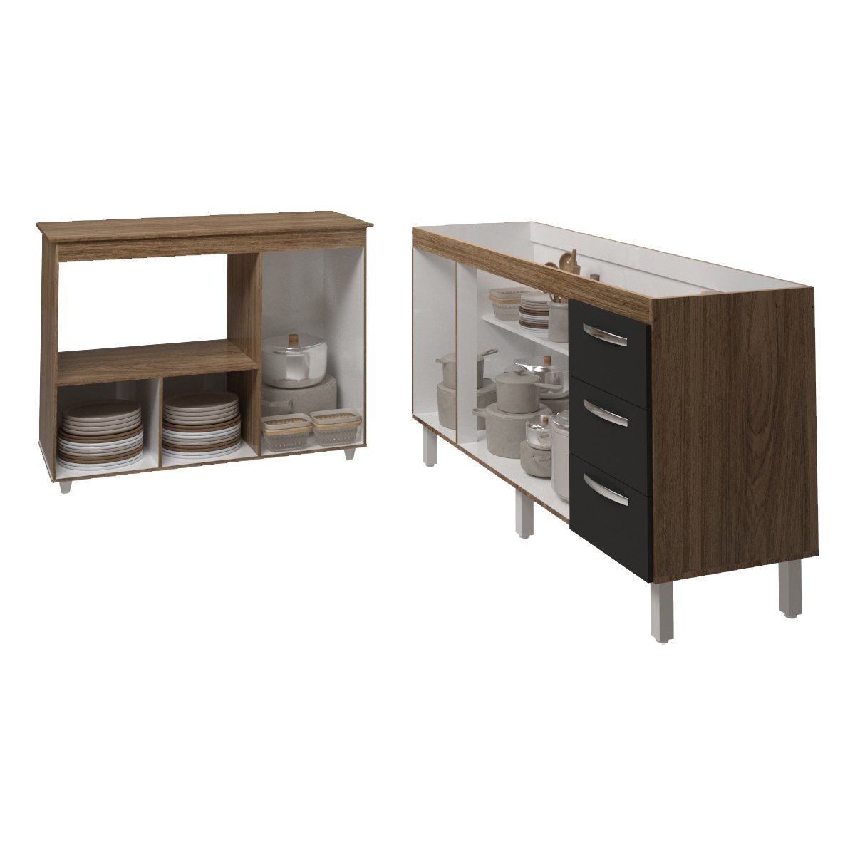 Balcão Cozinha Armário Gabinete de Pia 150 cm Deise e Balcão Lilian Para Microondas e Forno Elétrico Savana Preto 