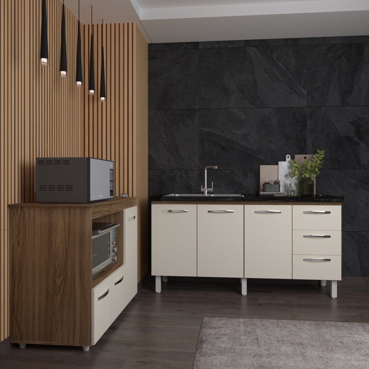 Balcão Cozinha Armário Gabinete de Pia 160 cm Estela e Balcão Para Microondas e Forno Elétrico Lilian Savana Off White 