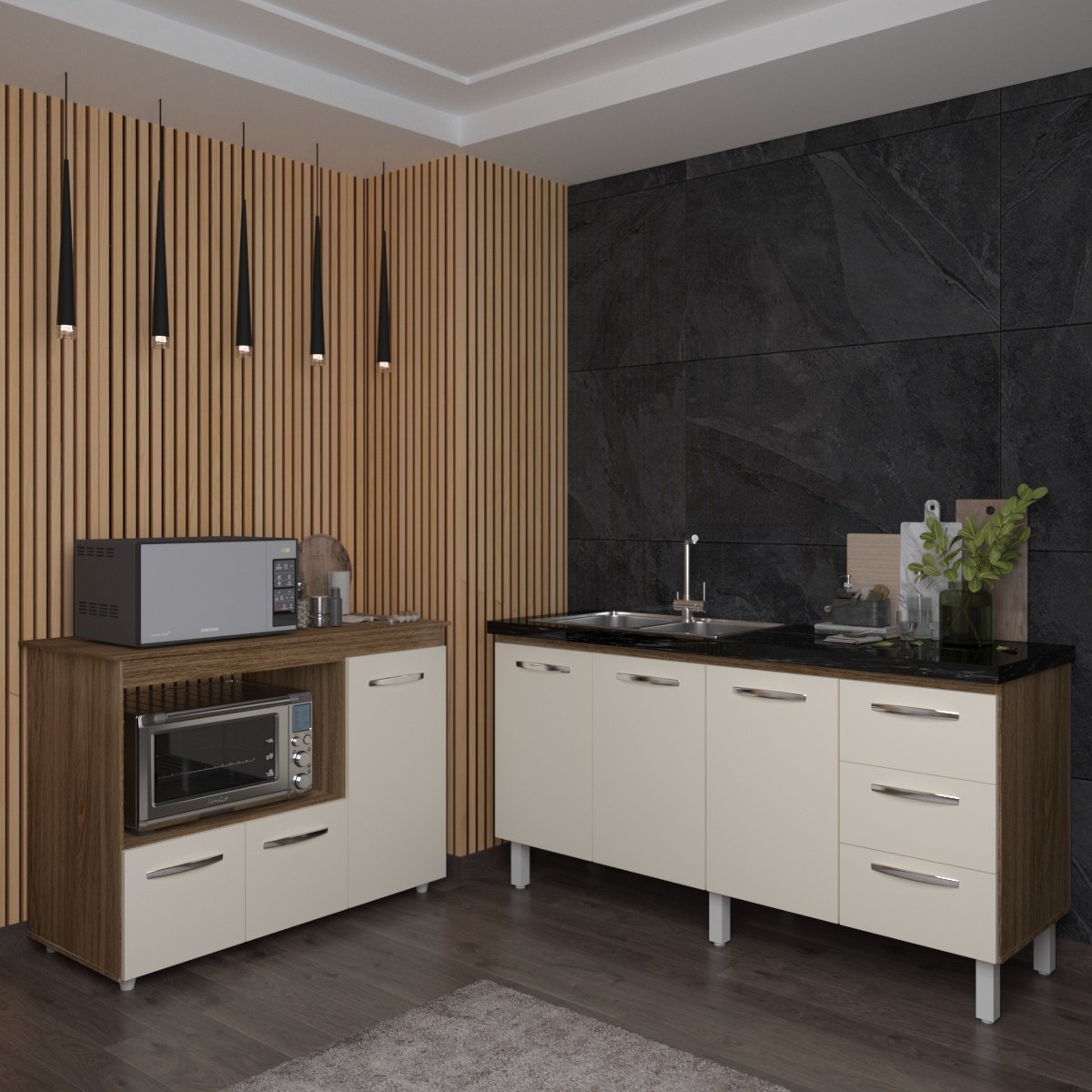 Balcão Cozinha Armário Gabinete de Pia 160 cm Estela e Balcão Para Microondas e Forno Elétrico Lilian Savana Off White 