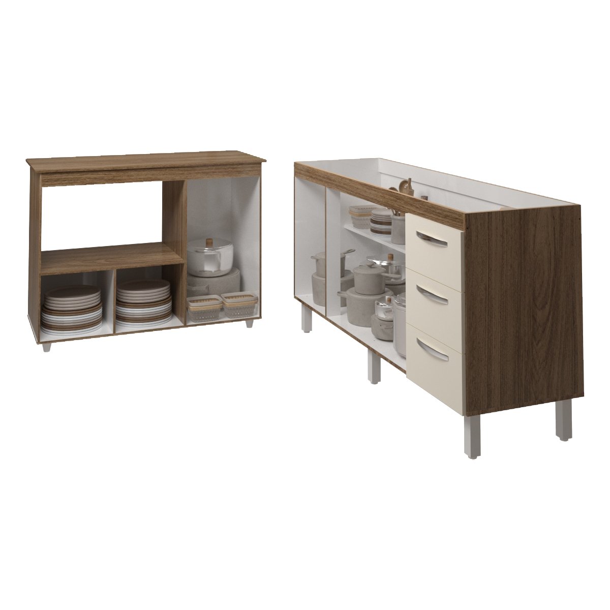 Balcão Cozinha Armário Gabinete de Pia 160 cm Estela e Balcão Para Microondas e Forno Elétrico Lilian Savana Off White 