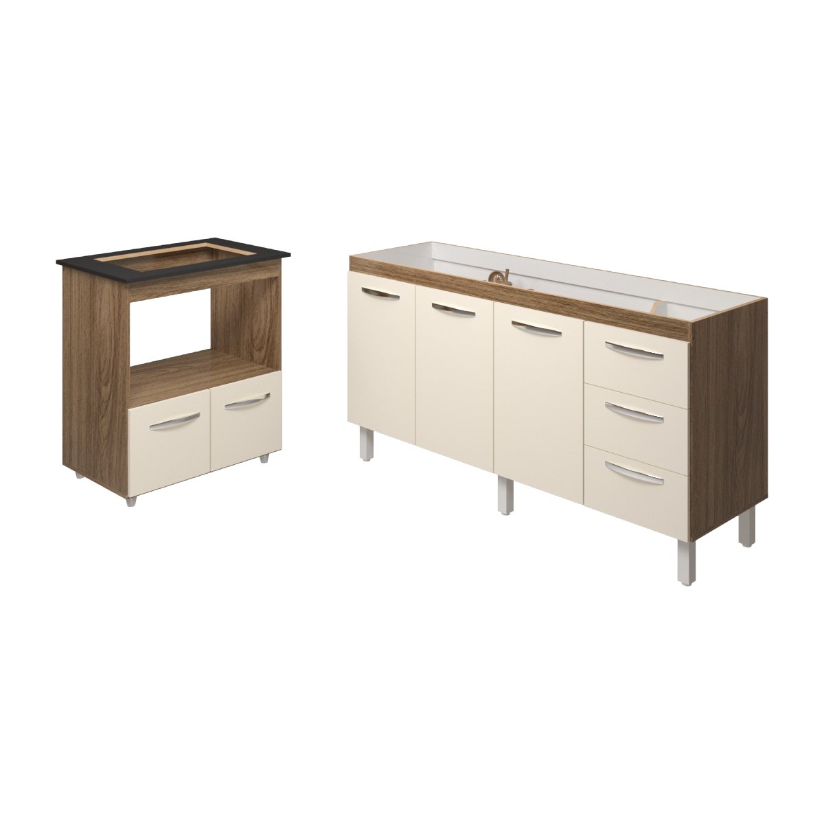 Balcão Cozinha Armário Gabinete de Pia 160 cm Estela e Balcão para Fogão Cooktop 4 Bocas Evelyn Savana Off White 