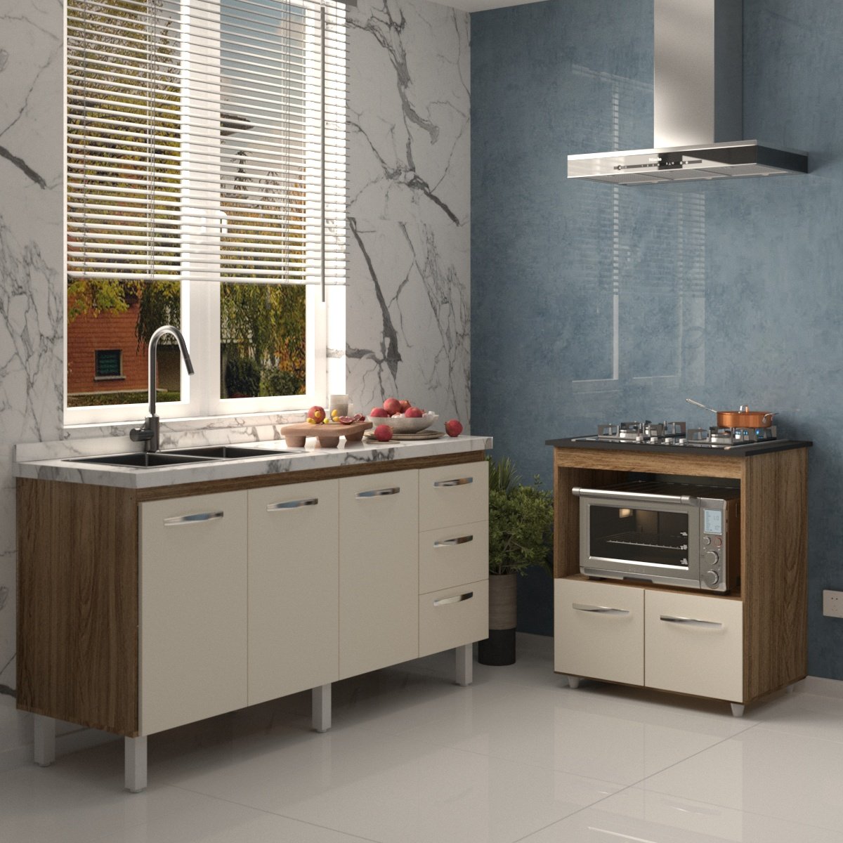 Balcão Cozinha Armário Gabinete de Pia 160 cm Estela e Balcão para Fogão Cooktop 4 Bocas Evelyn Savana Off White 