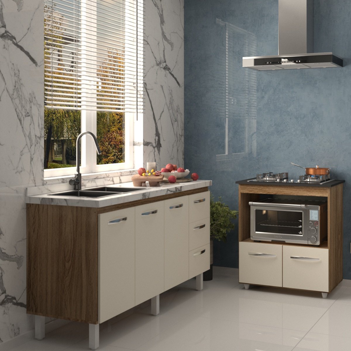 Balcão Cozinha Armário Gabinete de Pia 160 cm Estela e Balcão para Fogão Cooktop 4 Bocas Evelyn Savana Off White 