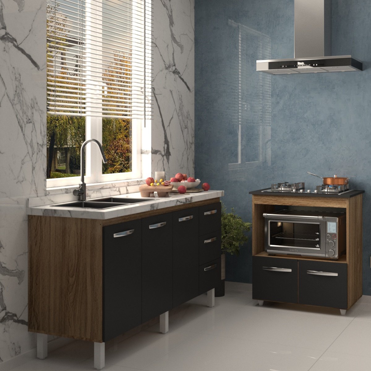 Balcão Cozinha Armário Gabinete de Pia 160 cm Estela e Balcão para Fogão Cooktop 4 Bocas Evelyn Savana Preto 