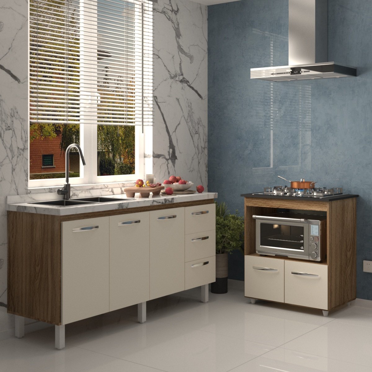 Balcão Cozinha Armário Gabinete de Pia 160 cm Estela e Balcão para Fogão Cooktop 5 Bocas Evelyn Savana Off White 
