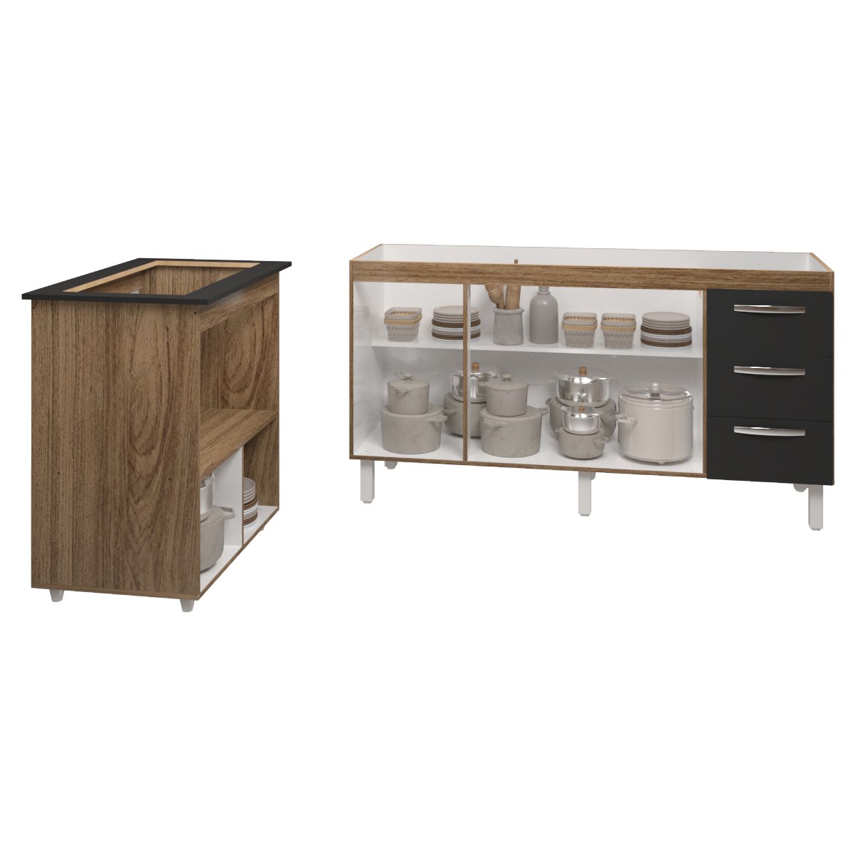Balcão Cozinha Armário Gabinete de Pia 160 cm Estela e Balcão para Fogão Cooktop 5 Bocas Evelyn Savana Preto 
