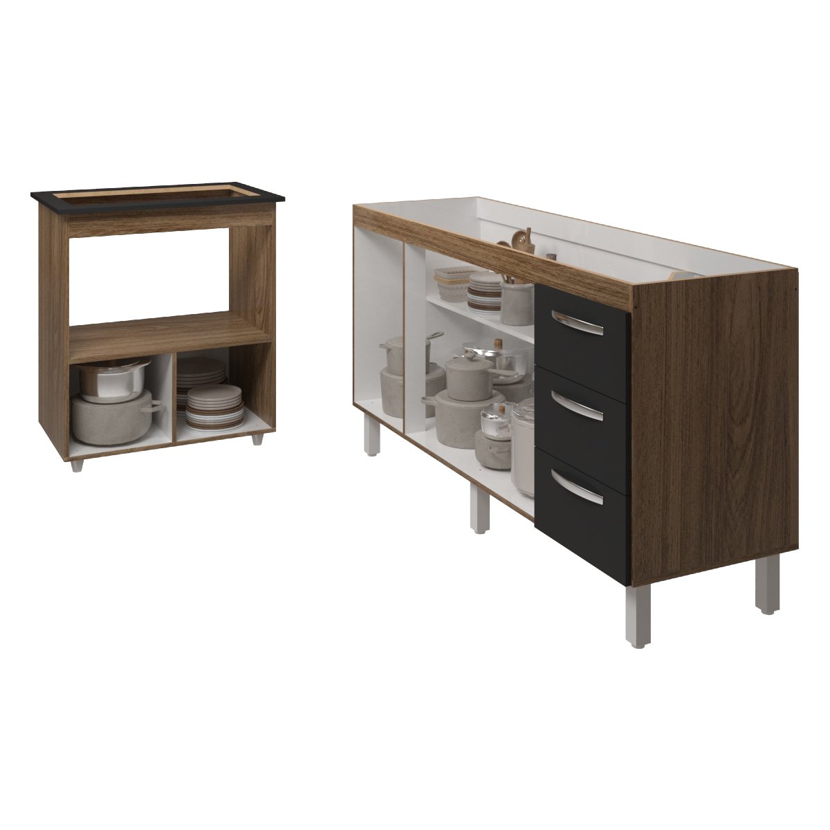 Balcão Cozinha Armário Gabinete de Pia 160 cm Estela e Balcão para Fogão Cooktop 5 Bocas Evelyn Savana Preto 