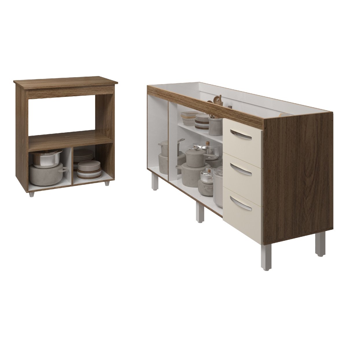 Balcão Cozinha Armário Gabinete de Pia 160 cm Estela e Balcão para Forno Elétrico e Microondas Amanda Savana Off White 