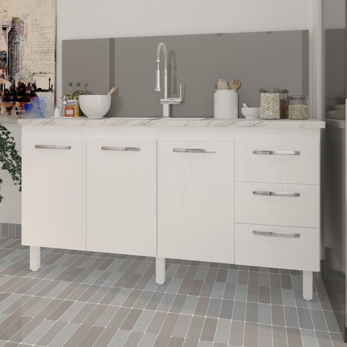 Balcão Cozinha Armário Gabinete para Pia 157 cm 3 Portas e 3 Gavetas Estela Branco 