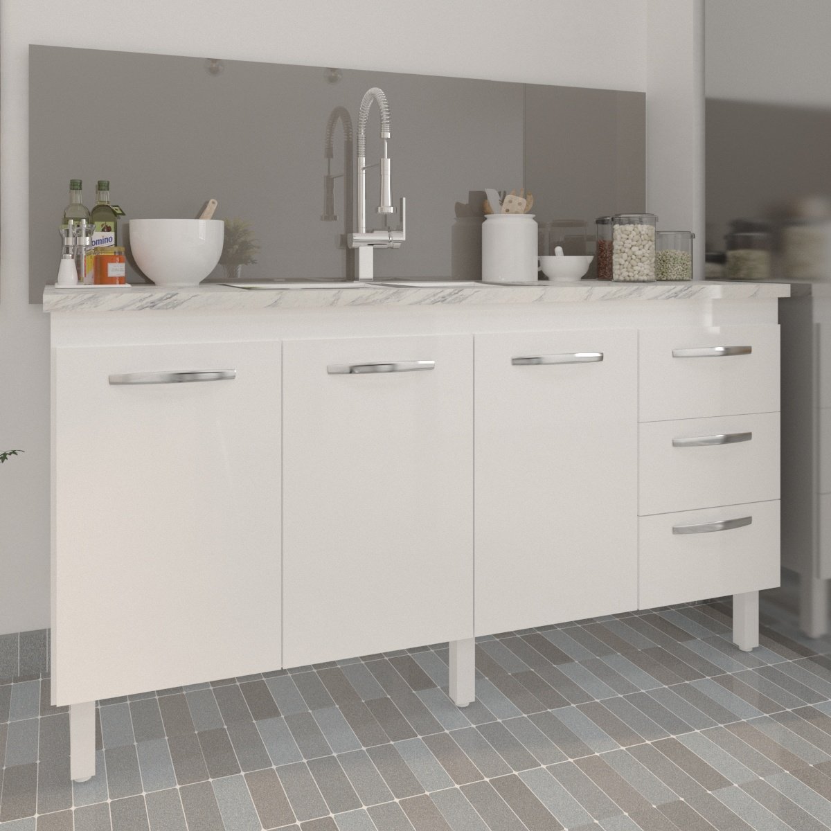 Balcão Cozinha Armário Gabinete para Pia 157 cm 3 Portas e 3 Gavetas Estela Branco 