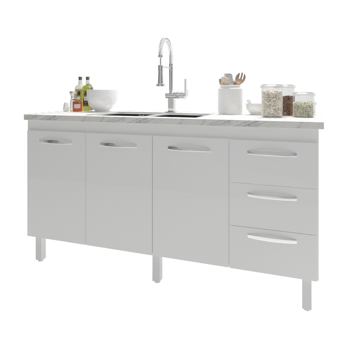 Balcão Cozinha Armário Gabinete para Pia 157 cm 3 Portas e 3 Gavetas Estela Branco 