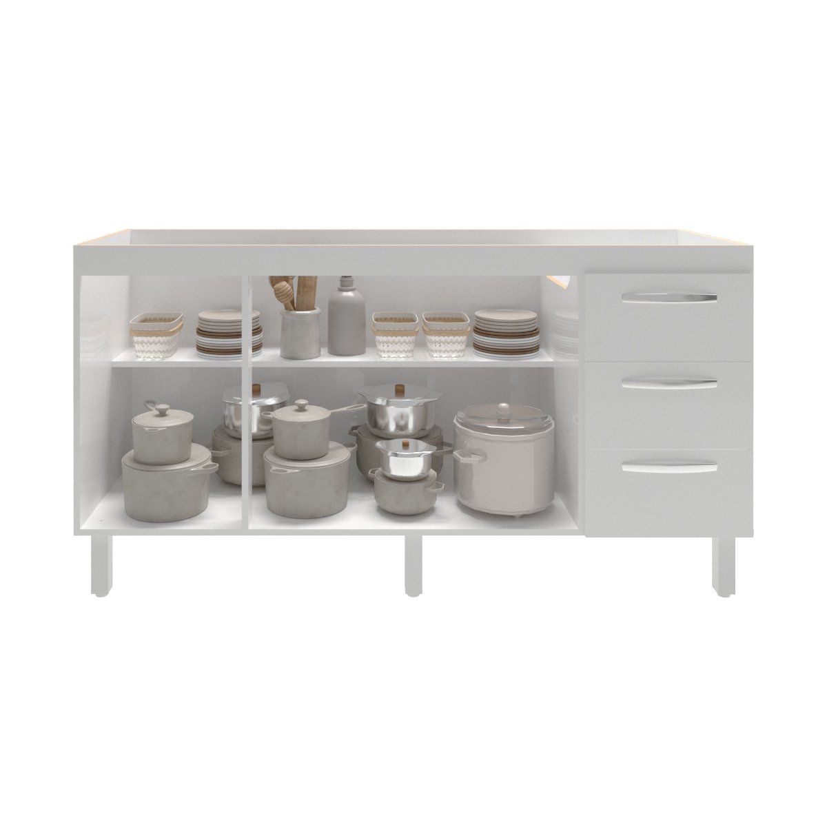 Balcão Cozinha Armário Gabinete para Pia 157 cm 3 Portas e 3 Gavetas Estela Branco 