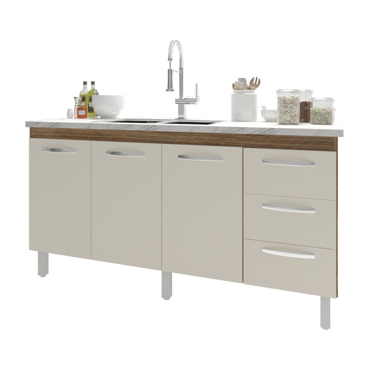 Balcão Cozinha Armário Gabinete para Pia 157 cm 3 Portas e 3 Gavetas Estela Savana Off White 