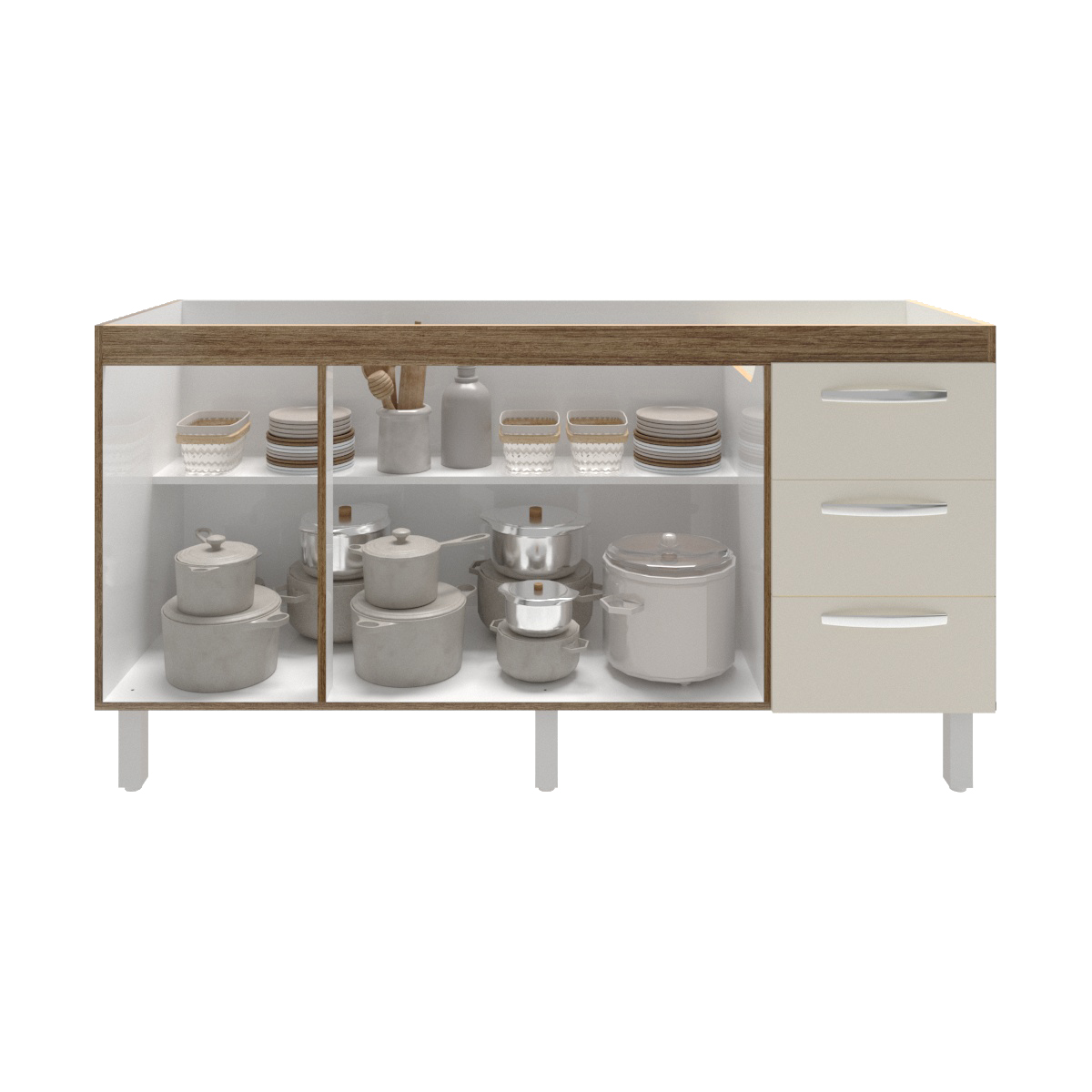 Balcão Cozinha Armário Gabinete para Pia 157 cm 3 Portas e 3 Gavetas Estela Savana Off White 