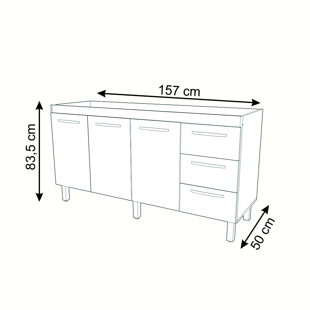 Balcão Cozinha Armário Gabinete para Pia 157 cm 3 Portas e 3 Gavetas Estela Savana Preto 