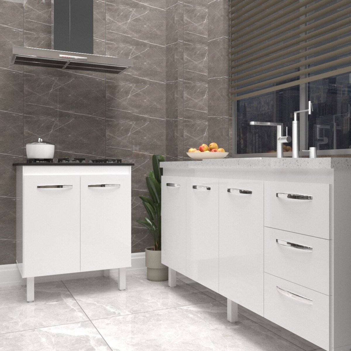 Balcão Cozinha Gabinete Para Pia 138 cm Carine e Balcão Fran Para Cooktop 5 Bocas Branco 
