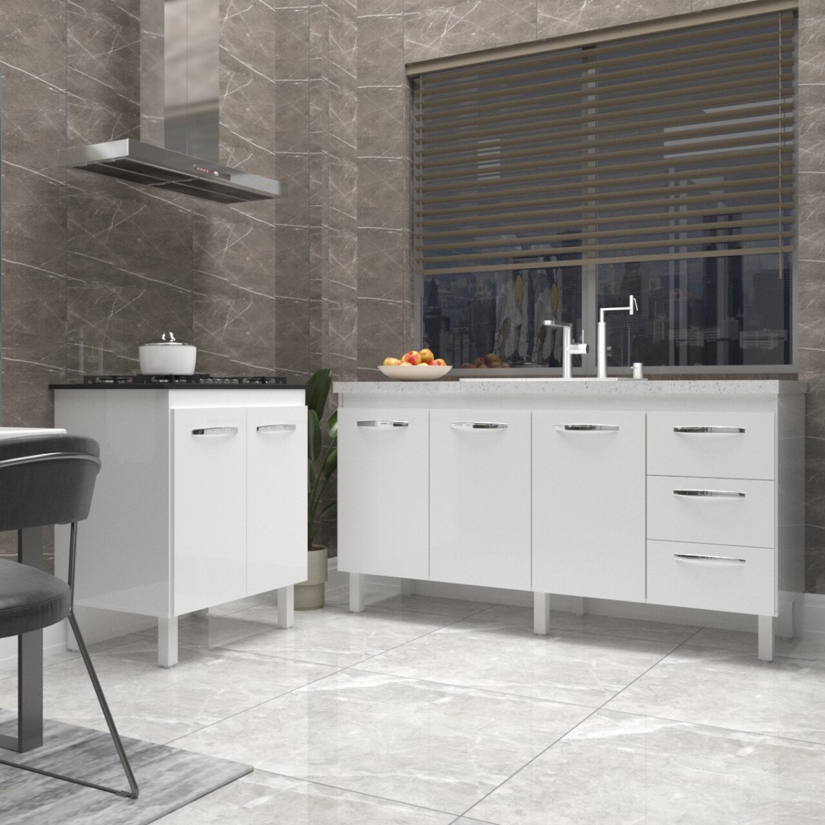 Balcão Cozinha Gabinete Para Pia 138 cm Carine e Balcão Fran Para Cooktop 5 Bocas Branco 