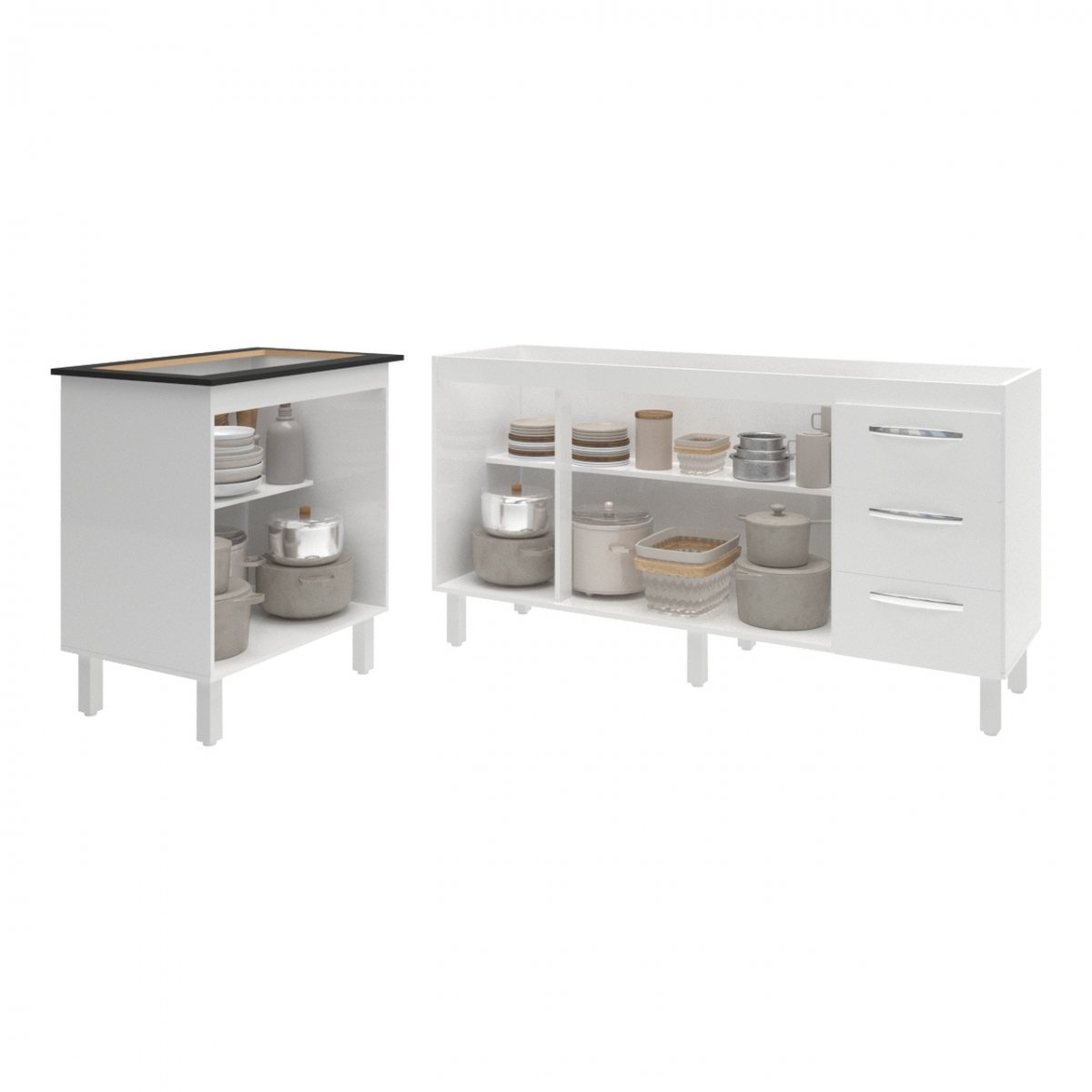 Balcão Cozinha Gabinete Para Pia 138 cm Carine e Balcão Fran Para Cooktop 5 Bocas Branco 