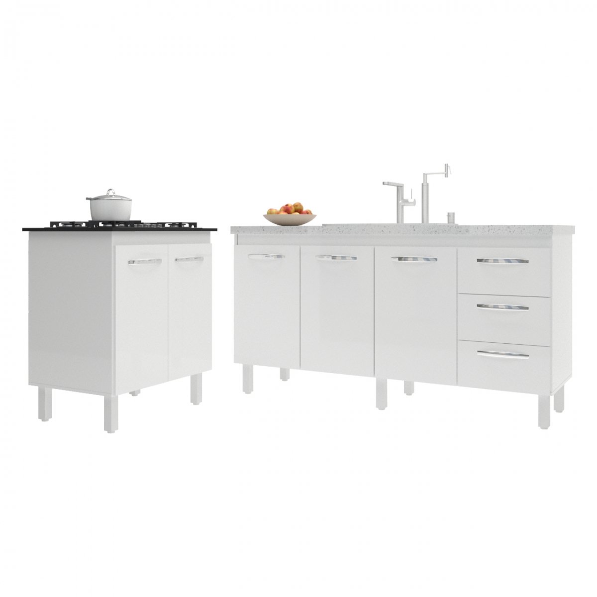 Balcão Cozinha Gabinete Para Pia 138 cm Carine e Balcão Fran Para Cooktop 5 Bocas Branco 