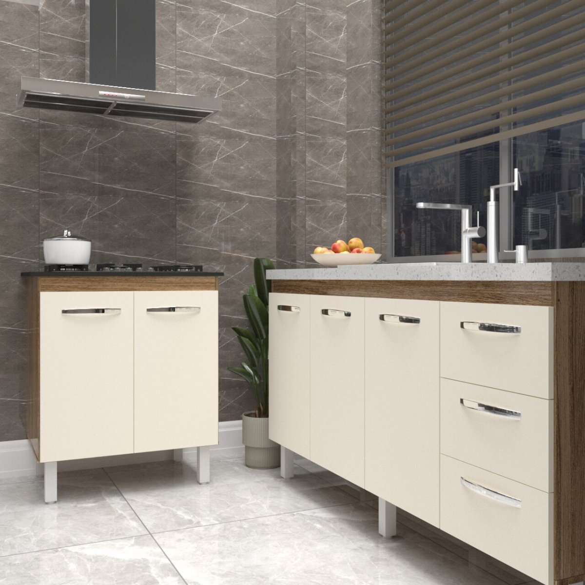 Balcão Cozinha Gabinete Para Pia 138 cm Carine e Balcão Fran Para Cooktop 5 Bocas Savana Off White 