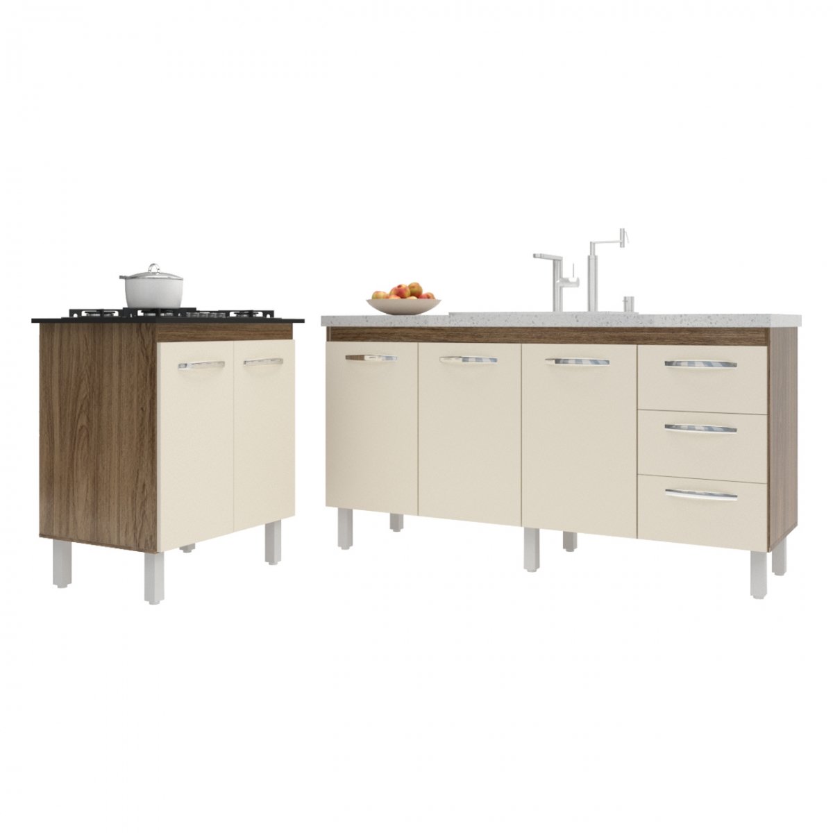 Balcão Cozinha Gabinete Para Pia 138 cm Carine e Balcão Fran Para Cooktop 5 Bocas Savana Off White 