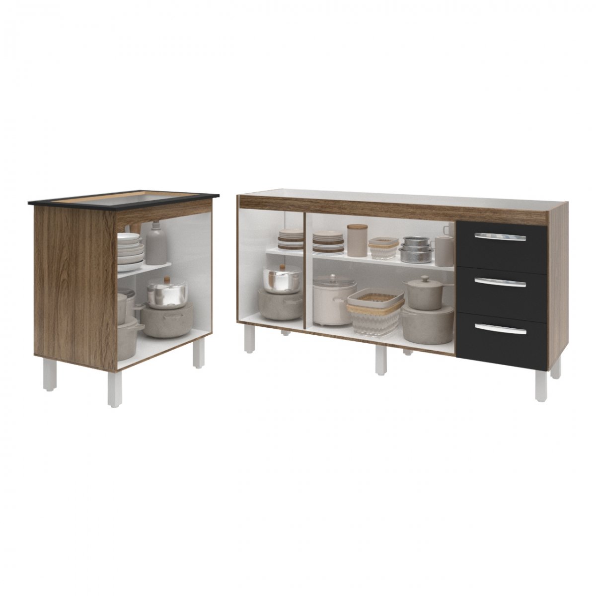 Balcão Cozinha Gabinete Para Pia 138 cm Carine e Balcão Fran Para Cooktop 5 Bocas Savana Preto 