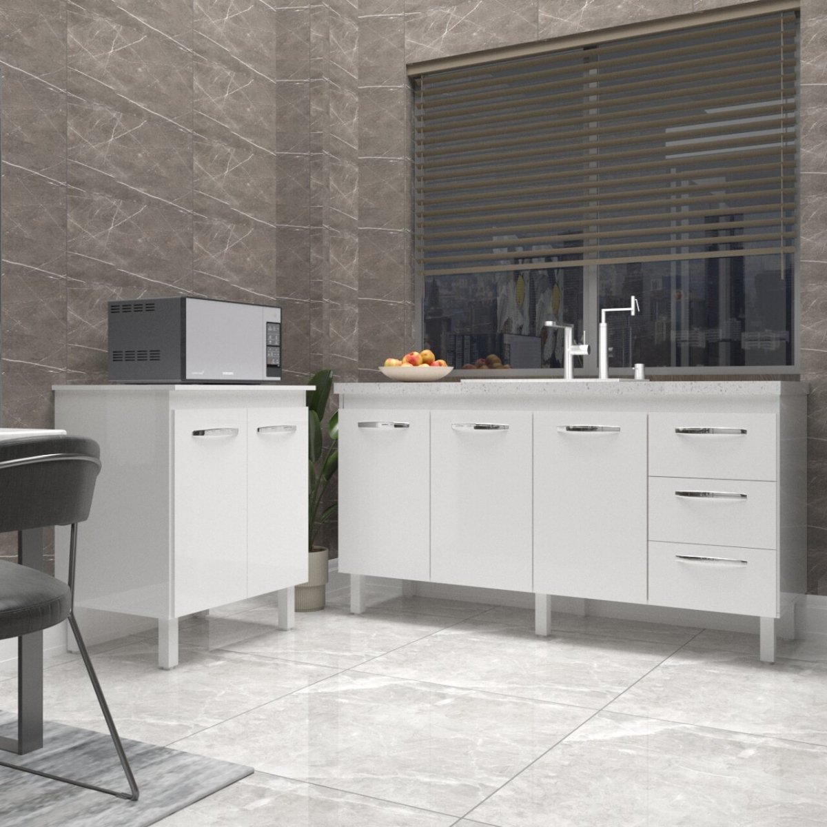 Balcão Cozinha Gabinete Para Pia 138 cm Carine e Balcão Jane Para Microondas ou Forno Elétrico Branco 