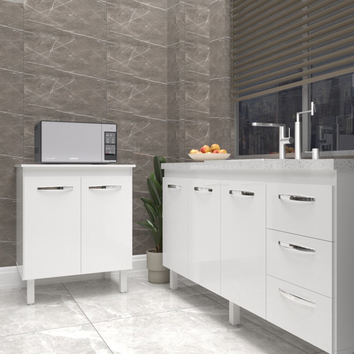 Balcão Cozinha Gabinete Para Pia 138 cm Carine e Balcão Jane Para Microondas ou Forno Elétrico Branco 