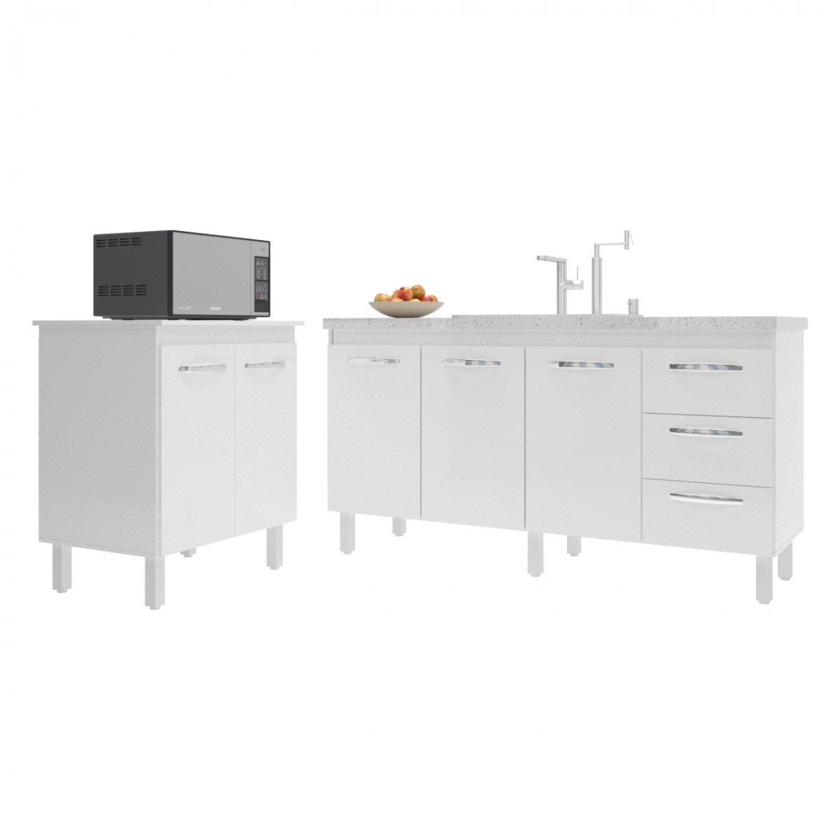 Balcão Cozinha Gabinete Para Pia 138 cm Carine e Balcão Jane Para Microondas ou Forno Elétrico Branco 