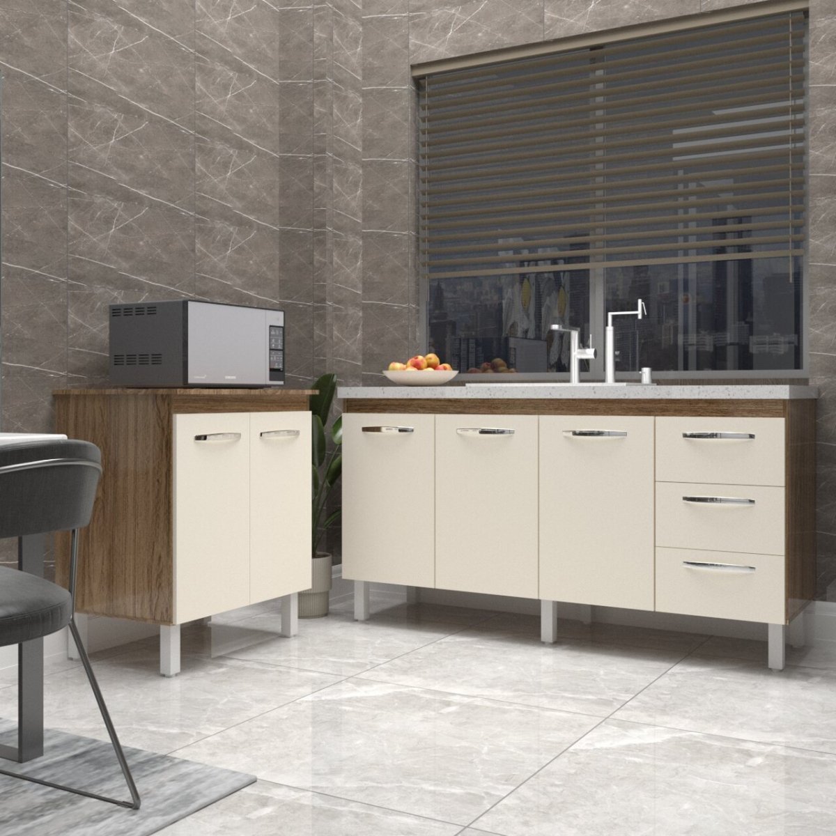 Balcão Cozinha Gabinete Para Pia 138 cm Carine e Balcão Jane Para Microondas ou Forno Elétrico Savana Off White 