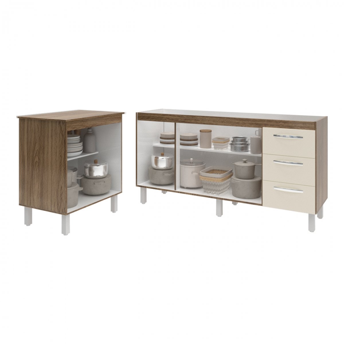 Balcão Cozinha Gabinete Para Pia 138 cm Carine e Balcão Jane Para Microondas ou Forno Elétrico Savana Off White 