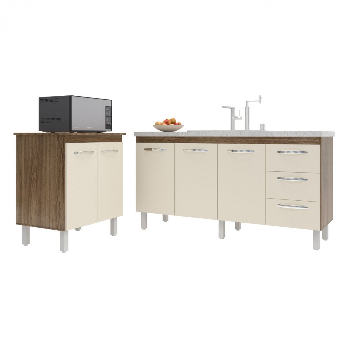 Balcão Cozinha Gabinete Para Pia 138 cm Carine e Balcão Jane Para Microondas ou Forno Elétrico Savana Off White 