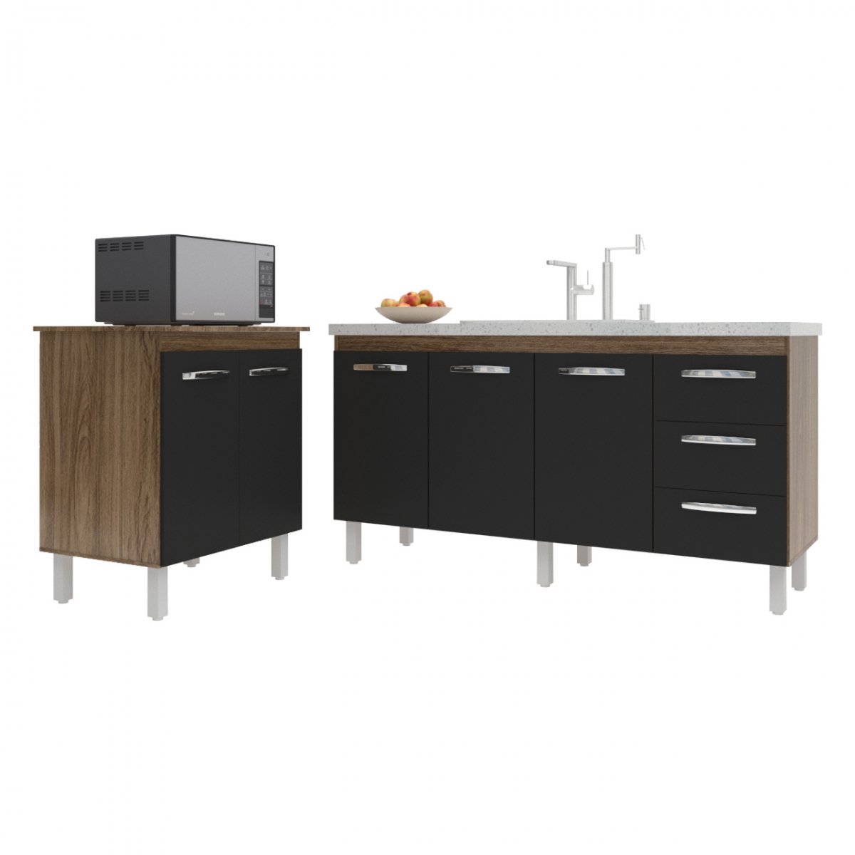Balcão Cozinha Gabinete Para Pia 138 cm Carine e Balcão Jane Para Microondas ou Forno Elétrico Savana Preto 