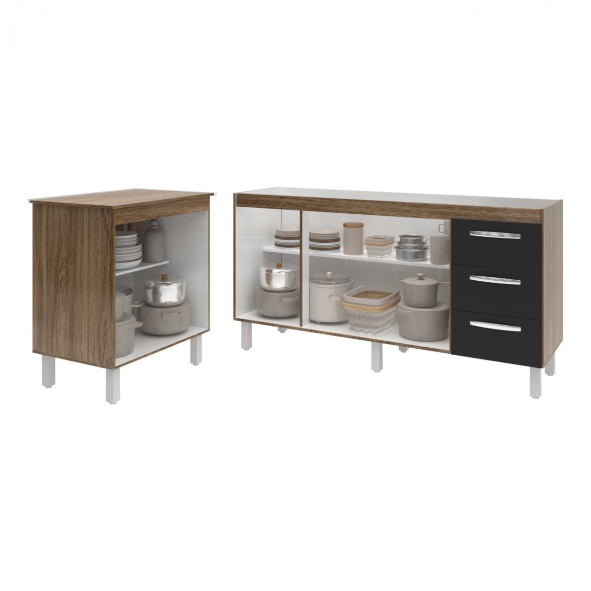 Balcão Cozinha Gabinete Para Pia 138 cm Carine e Balcão Jane Para Microondas ou Forno Elétrico Savana Preto 