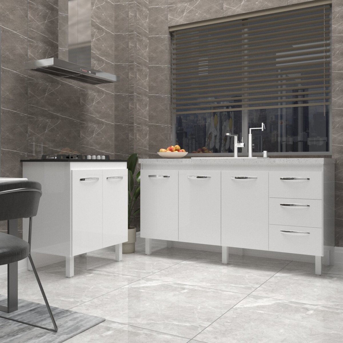 Balcão Cozinha Gabinete Para Pia 138 cm Carine e Balcão Para Cooktop 4 Bocas Fran Branco 