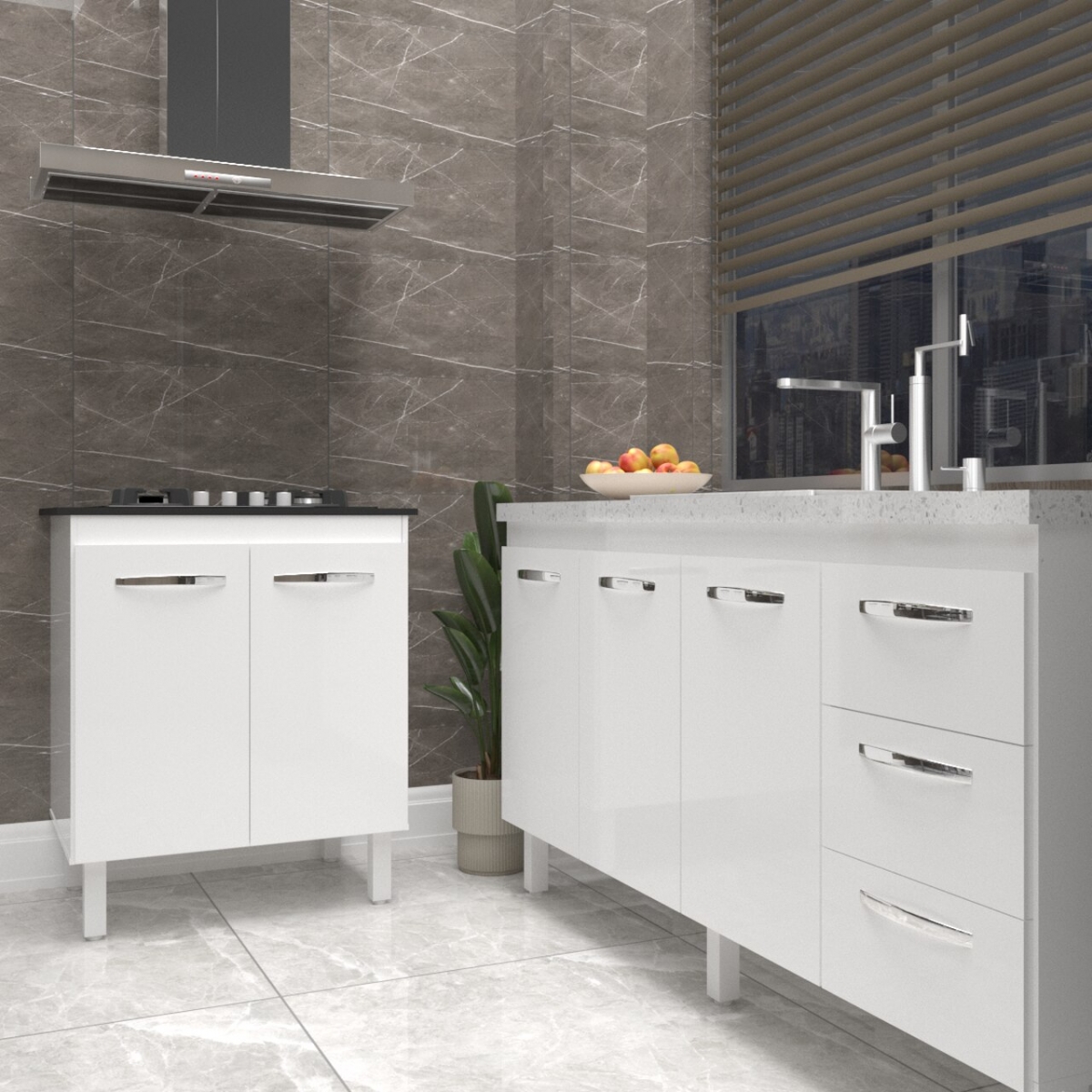 Balcão Cozinha Gabinete Para Pia 138 cm Carine e Balcão Para Cooktop 4 Bocas Fran Branco 