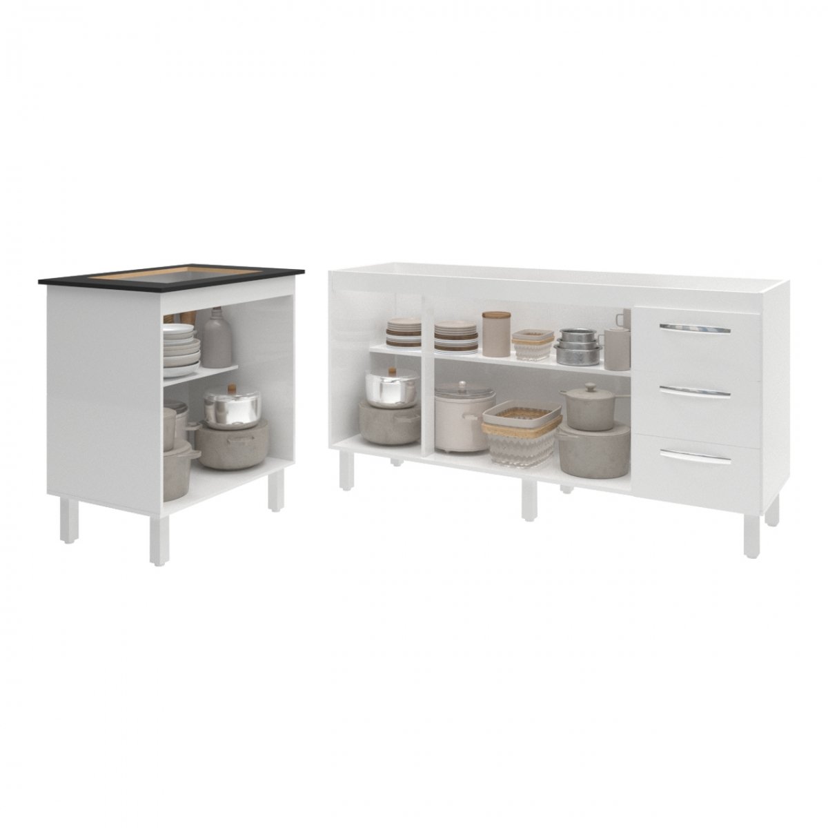 Balcão Cozinha Gabinete Para Pia 138 cm Carine e Balcão Para Cooktop 4 Bocas Fran Branco 