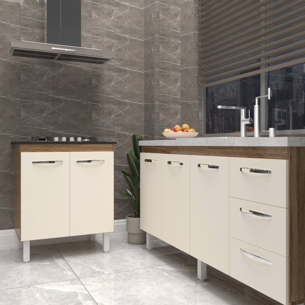 Balcão Cozinha Gabinete Para Pia 138 cm Carine e Balcão Para Cooktop 4 Bocas Fran Savana Off White 