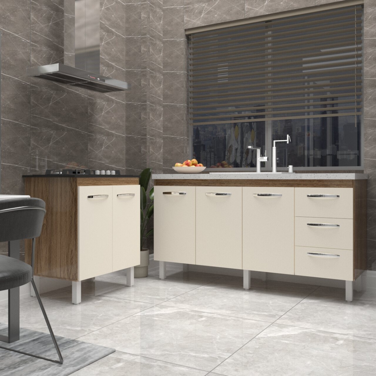 Balcão Cozinha Gabinete Para Pia 138 cm Carine e Balcão Para Cooktop 4 Bocas Fran Savana Off White 