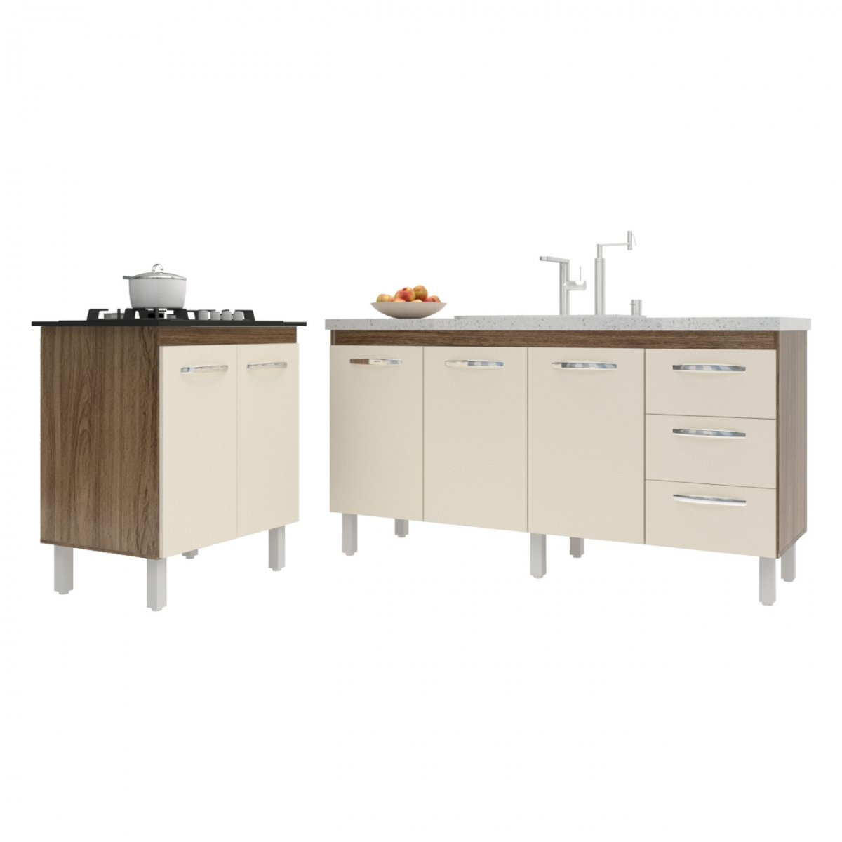 Balcão Cozinha Gabinete Para Pia 138 cm Carine e Balcão Para Cooktop 4 Bocas Fran Savana Off White 