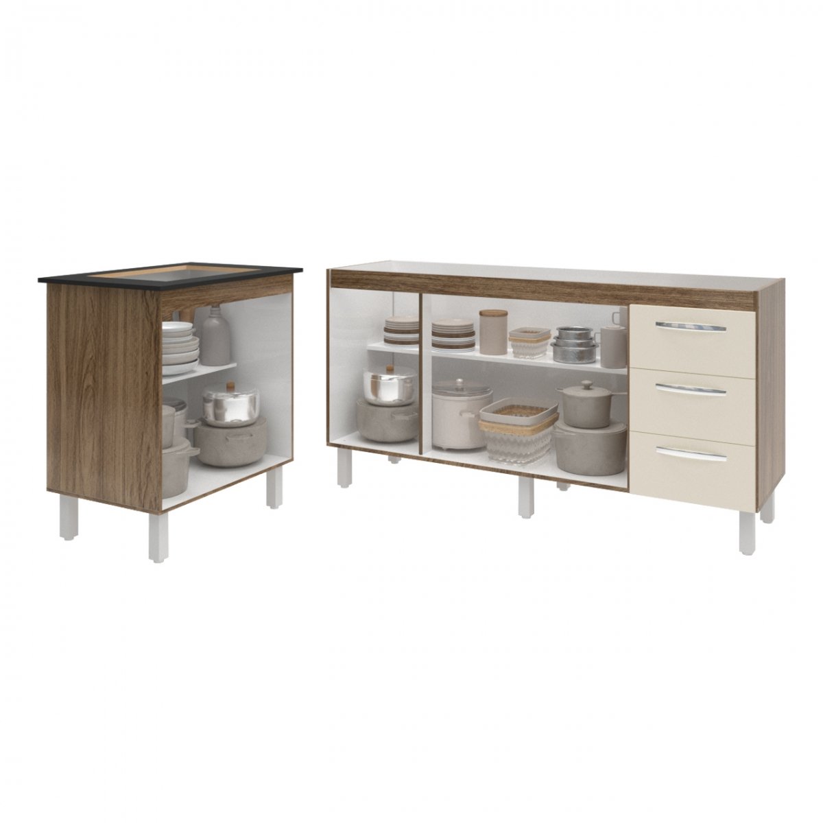 Balcão Cozinha Gabinete Para Pia 138 cm Carine e Balcão Para Cooktop 4 Bocas Fran Savana Off White 