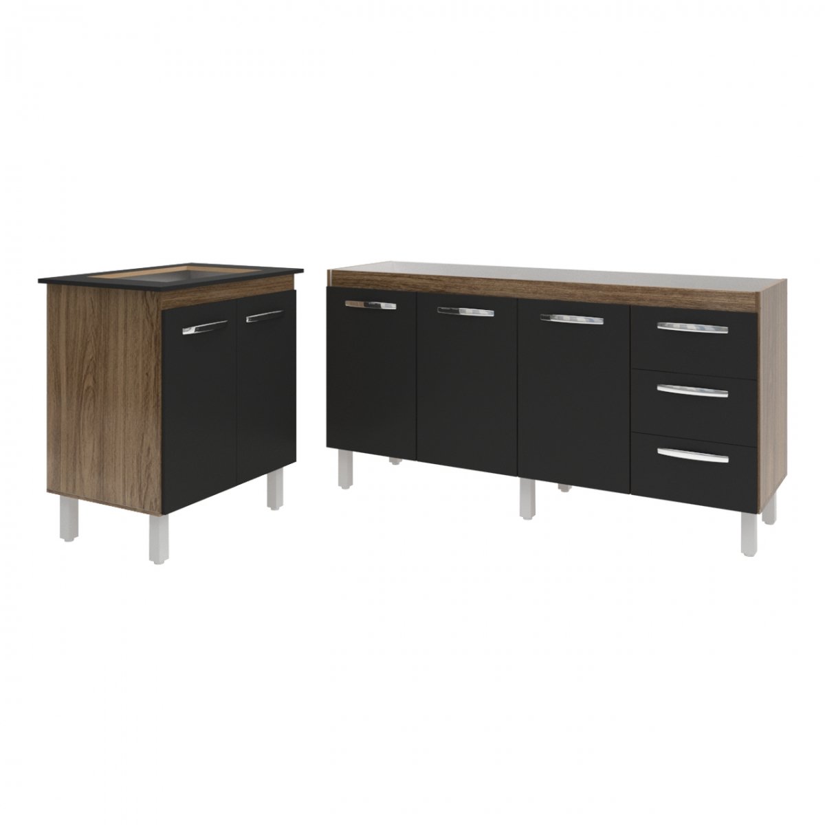Balcão Cozinha Gabinete Para Pia 138 cm Carine e Balcão Para Cooktop 4 Bocas Fran Savana Preto 
