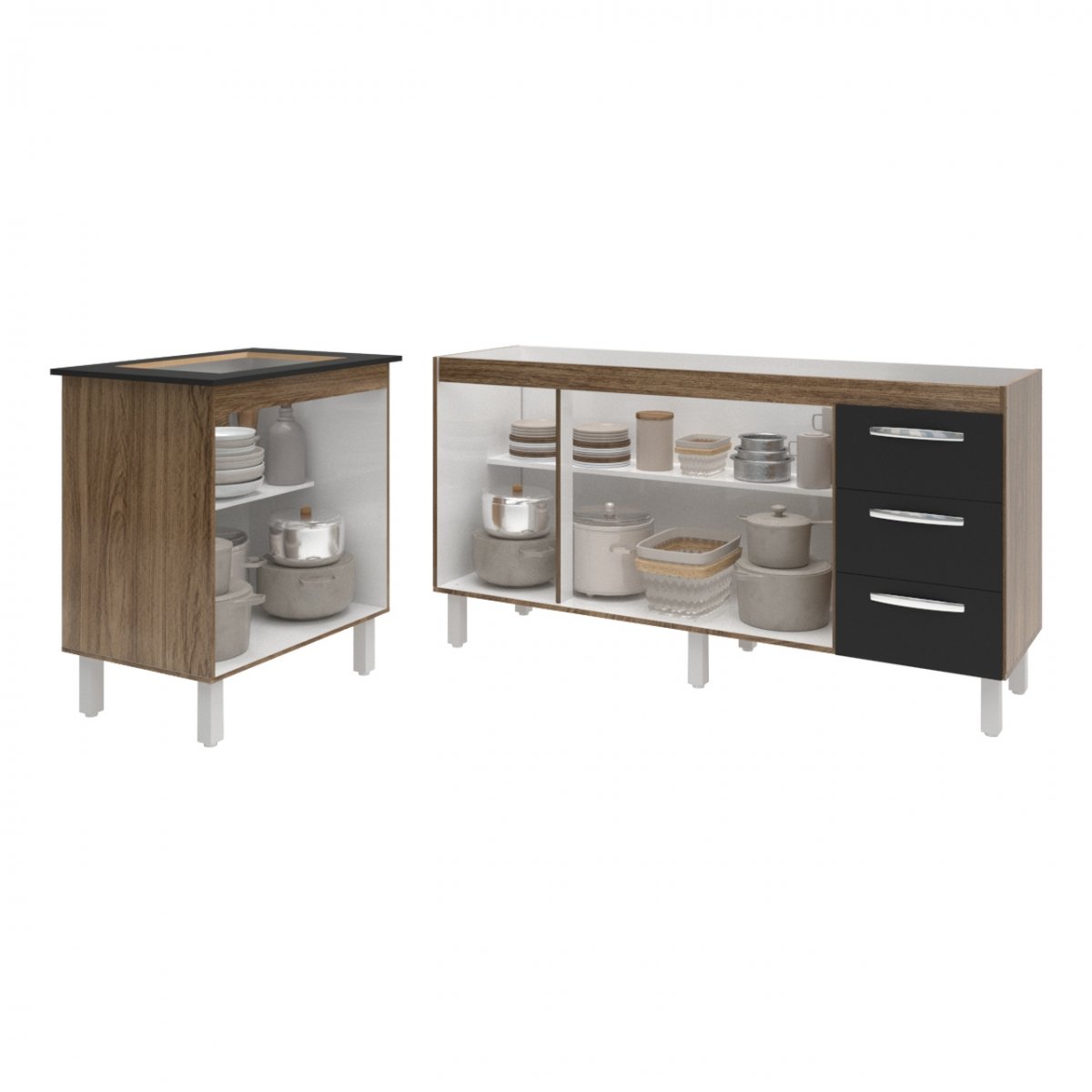 Balcão Cozinha Gabinete Para Pia 138 cm Carine e Balcão Para Cooktop 4 Bocas Fran Savana Preto 