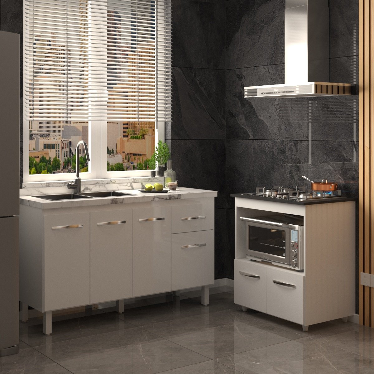 Balcão Cozinha Gabinete de Pia 140 cm Camila e Balcão Evelyn Para Fogão Cooktop 4 Bocas e Forno Elétrico Branco 
