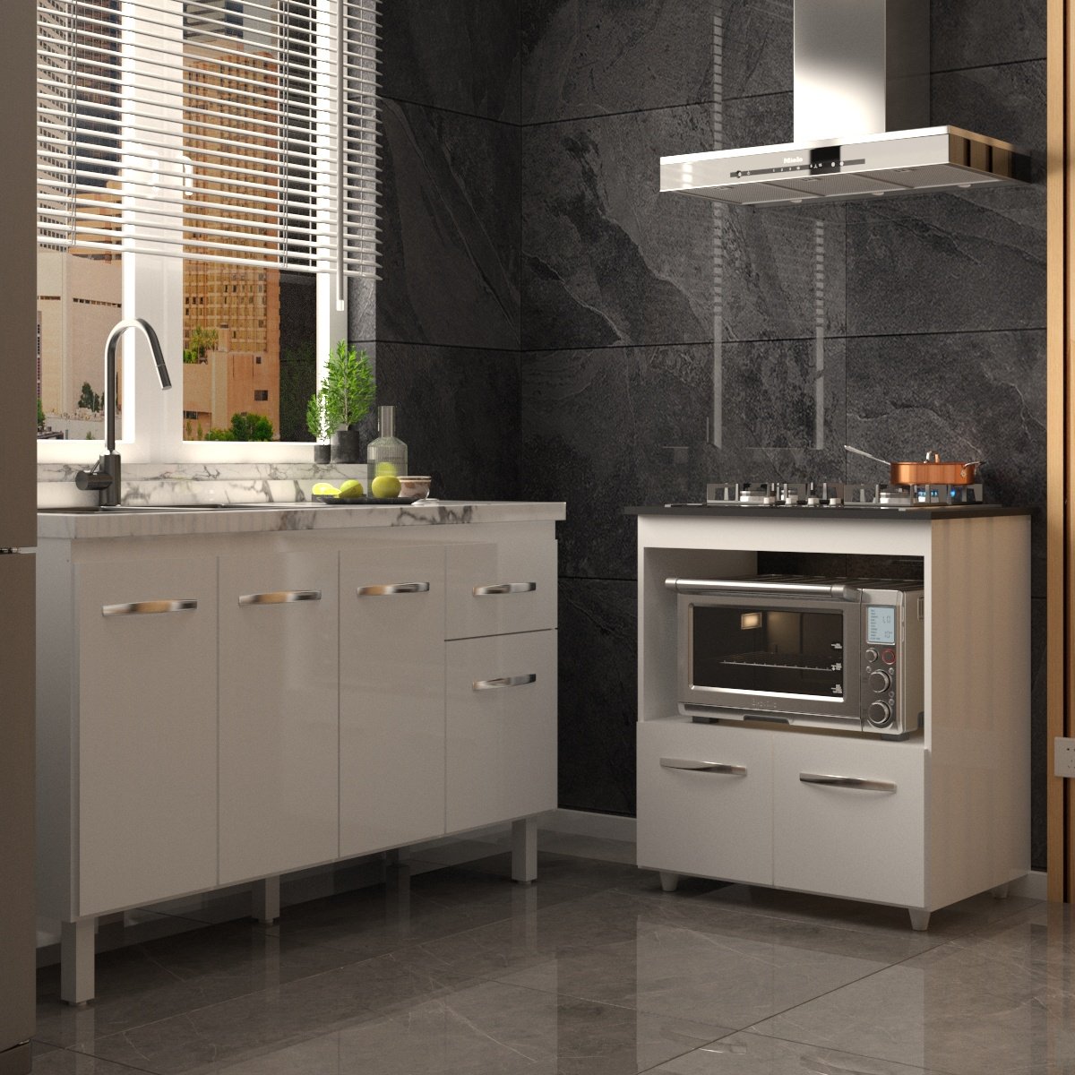 Balcão Cozinha Gabinete de Pia 140 cm Camila e Balcão Evelyn Para Fogão Cooktop 4 Bocas e Forno Elétrico Branco 