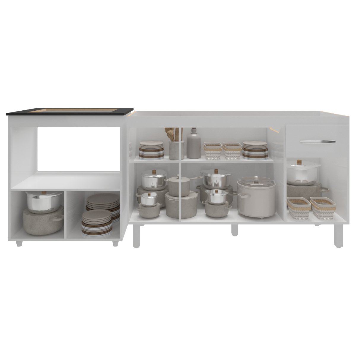 Balcão Cozinha Gabinete de Pia 140 cm Camila e Balcão Evelyn Para Fogão Cooktop 4 Bocas e Forno Elétrico Branco 