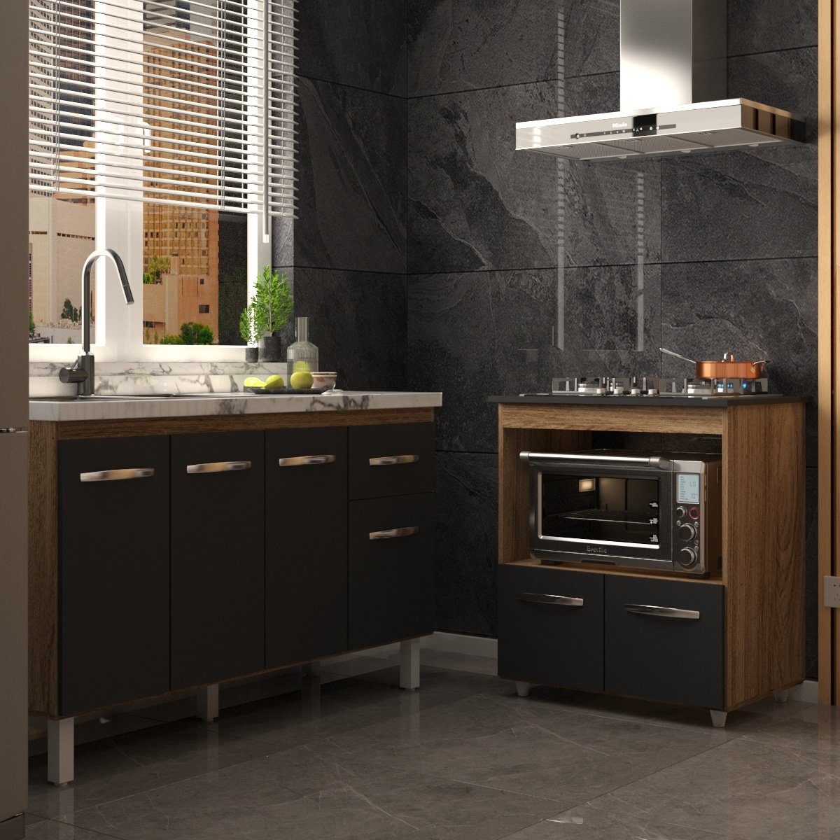 Balcão Cozinha Gabinete de Pia 140 cm Camila e Balcão Evelyn Para Fogão Cooktop 4 Bocas e Forno Elétrico Savana Preto 